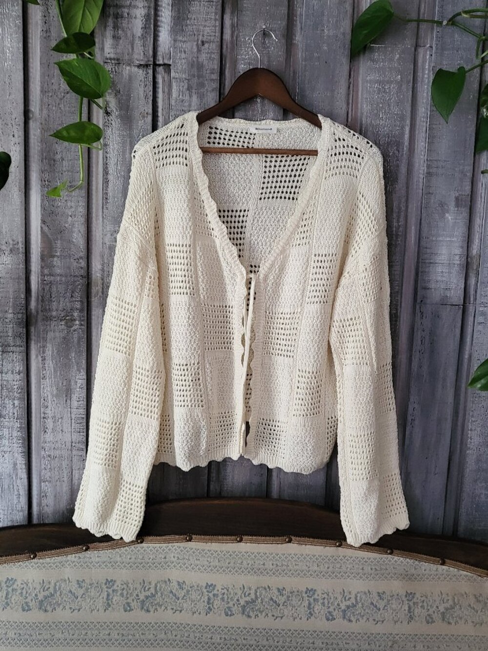 Cotton Blend Tie Front Crochet Open Knit Cardigan L NWOT